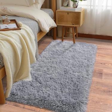 Imagem de Ailyei Tapetes macios para corredores de quarto, 2 pacotes 2 x 4 tapete felpudo cinza felpudo antiderrapante para dormitório de cabeceira, tapete peludo longo e felpudo para berçário e sala de estar