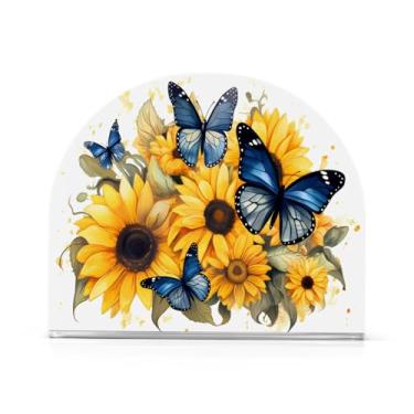 Imagem de Porta-guardanapos azuis borboletas girassóis para mesas porta-guardanapos de coquetel de papel para cozinha e jantar, dispensador de guardanapo de jantar acrílico para restaurante decoração de casa