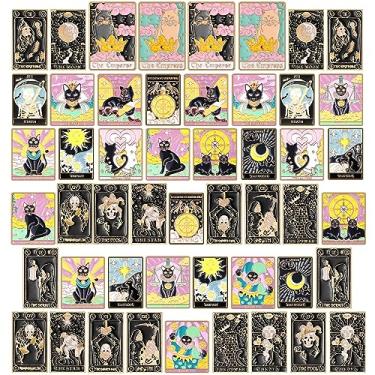 Imagem de 50 peças de alfinetes de tarô cartas de tarô pretas pino de esmalte broche bonito conjunto de alfinetes de Halloween adivinhação criativa alfinetes de lapela lua estrela sol lapela crachá para mochilas bolsa decoração de roupas presente infantil menina (lua de gato), liga de zinco e esmalte