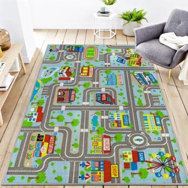 Imagem de VSIWB Tapete infantil para carro, 1,5 m x 80 cm, educativo, rodoviário, mapa, vida da cidade, tapete antiderrapante para crianças, sala de jogos, quarto, sala de aula, azul celeste