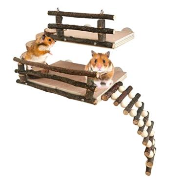 Imagem de Fhiny Brinquedos de escalada para hamster, plataforma de atividades de madeira de 2 camadas com ponte pendurada, acessórios de gaiola de playground, brinquedos de mastigar madeira para hamsters anões,