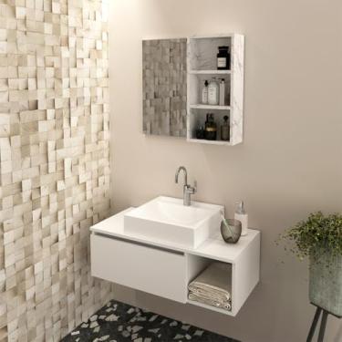 Imagem de Conjunto Banheiro Suspenso Branco com Cuba e Espelheira Mármore Branco Tecno Mobili