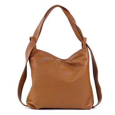 Imagem de Mochila/bolsa feminina de couro - Bolsa de ombro Hobo conversível feita à mão de couro genuíno, Cognac, 14.2x3.5x14.2 inch