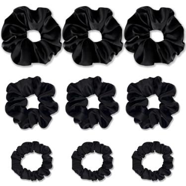 Imagem de Gwabee Pacote com 9 elásticos elásticos de cabelo acetinado para mulheres, sem danos, elásticos elásticos para cabelos cacheados e grossos, conjunto de acessórios para mulheres e meninas (preto)