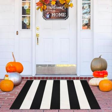 Imagem de Aoczes Tapete listrado preto e branco para ambientes externos 2x3 tapete de algodão pequeno tapete de varanda frontal tapetes de porta reversível dobrável lavável interior exterior tapetes para