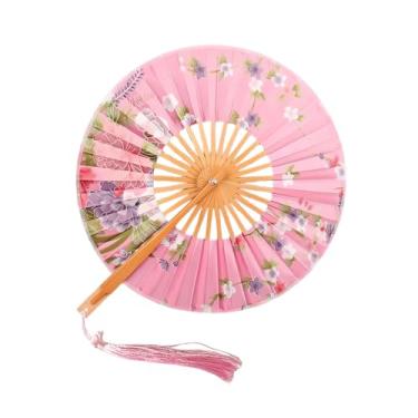 Imagem de MIUPOO Ventilador japonês Art Deco com estampa de tecido redondo, ventiladores dobráveis de bambu, ventilador de mão dobrável chinês para mulheres, aniversário, festa de casamento, decoração de casa