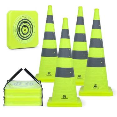 Imagem de RoadHero Pacote com 4 Cones de Segurança de Trânsito Dobráveis de 36", Cones Pop-Up Verde-Limão com Colar Refletivo para Segurança No Trânsito, Treinamento de Direção, Estacionamentos