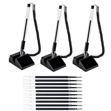 Imagem de Conjunto de 3 canetas de mesa com correntes de plástico e suporte de caneta com base adesiva e 10 refis de tinta preta para material de escritório doméstico (preto, 0,5 mm)