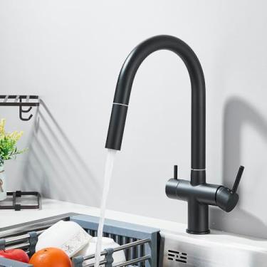 Imagem de Torneira de cozinha de purificação cinza com tubo flexível e alça dupla, misturador de água fria e quente, torneira com filtro de água potável pura, preto fosco
