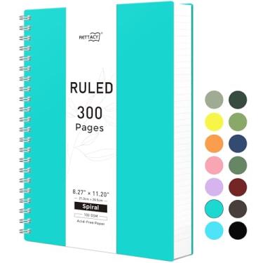 Imagem de RETTACY Caderno espiral – Caderno pautado universitário A4 com 300 páginas, caderno de diário para escola, trabalho, escrita, papel premium sem ácido 100 GSM, encadernação de fio duplo, 21 cm × 28,4