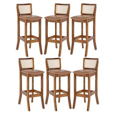 Imagem de Kit 6 Banquetas Alta com Encosto Rattan Portugal Estofada Impermeável 