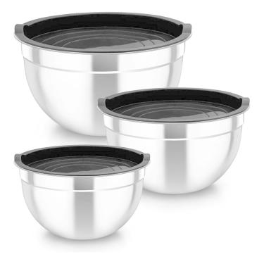 Imagem de Conjunto De 3 Bowls Tigelas De Inox Com Tampa Plástica Kit - Inox