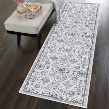 Imagem de vivorug Tapete de corredor lavável à máquina, 6 cm x 18 cm, tapete de entrada, tapete de corredor, tapete floral vintage inspirado, marfim/azul