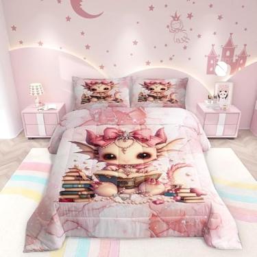 Imagem de Conjunto de edredom fofo de dragão feminino, tamanho casal, desenho animado de dragão, decoração de quarto de adolescentes, estampa de mármore rosa, joias, livros, microfibra, conjunto de cama macio,