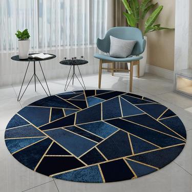 Imagem de Tapetes redondos de geometria azul preta para sala de estar, quarto, cabeceira, 80cm 100cm 120cm 140cm 160cm 180cm 200cm Tapetes laváveis ​​Tapete de mesa de centro, diâmetro 120cm/3,9 pés