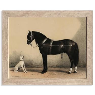 Imagem de Impressão de arte de cavalo Orloff por Emil Volkers Pôster de um cavalo preto e um cachorro branco Pintor famoso clássico vintage pintura a óleo impressões em tela galeria decoração de parede (moldura