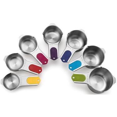 Imagem de Spring Chef Copos de medição magnéticos de aço inoxidável, patenteados, utensílios de cozinha com marcações fáceis de ler para medir ingredientes secos ou líquidos, conjunto de 7, multicolorido