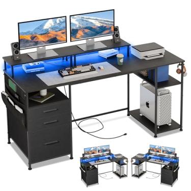 Imagem de EKNKOZY Mesa de computador com 3 gavetas de arquivo, mesa de jogos reversível de 140 cm com luzes LED e tomadas, mesa de escritório com prateleiras de armazenamento e suporte de monitor duplo para