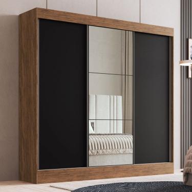 Imagem de Guarda-Roupa Casal Michigan 3 Portas 4 Gavetas 100% Mdf com Espelho Castanho/Preto - Doripel Móveis