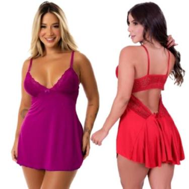 Imagem de Kit 2 Camisola Feminina Decote Nas Costas Sensual Com Renda Sem Bojo L
