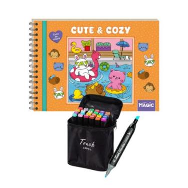 Imagem de Kit Livro de Colorir Com + Canetinhas 24 Cores Ponta Dupla - Fam