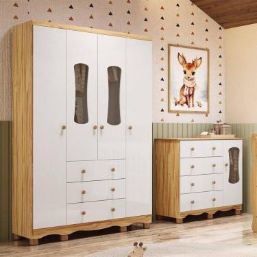 Imagem de Quarto Infantil com Guarda-Roupa 4 Portas e Cômoda com Janelas 100% MDF Lana Espresso Móveis Branco Brilho/Amêndoa
