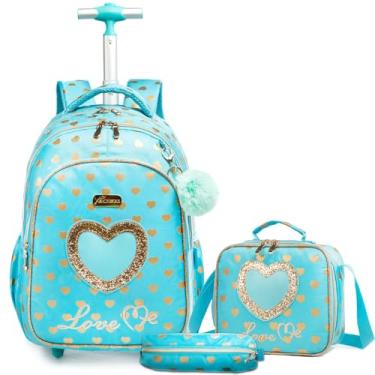 Imagem de Egchescebo Mochila Escolar Infantil com Rodinhas para 17” Meninas e Crianças Rodas Bolsa Mala Carrinho 3PCS Lancheira Juvenil Estojo Costas Viagem Adequado Meninas Adolescentes de Amor Azul Celeste