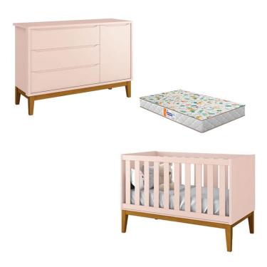 Imagem de Berço Americano e Cômoda New Classic Rosa com Pés Madeira e Colchão Gazin – Reller