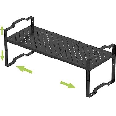 Imagem de Jojocross Prateleira expansível para organizador de armário rack de especiarias empilhável ajustável na cozinha e banheiro, armazenamento de despensa de organização de armário de bancada, placa de metal com orifício (1 pacote/preto, grande)