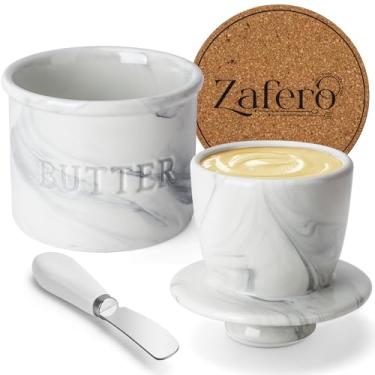 Imagem de Zafero Butter Crock – Manteigueira Com Tampa Para Bancada, Inclui Faca, Porta-Copos E Caixa De Presente, Recipiente Manteiga, Suporte Manteiga Mármore, Cerâmica Estilo Francês Fresca