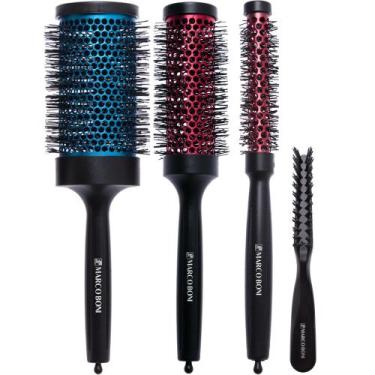 Imagem de Kit 3 escovas térmicas metálicas vazadas P M G + limpador de escovas m