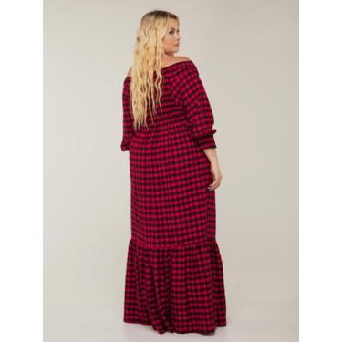 Imagem de Vestido Xadrez Longo Festa Ombro a Ombro Elástico Ajustável Manga Long