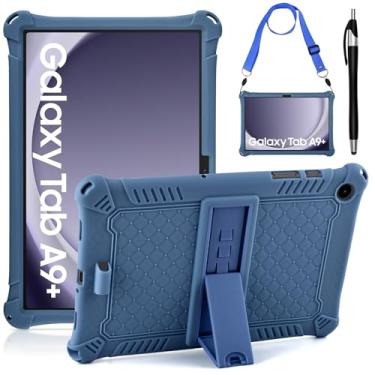 Imagem de DETUOSI Capa compatível com Samsung Galaxy Tab A9 Plus de 11 polegadas 2023, com alça de ombro e caneta Stylus, capa multiângulo de silicone macio para tablet Galaxy Tab A9+ SM-X210/X216/X218, azul