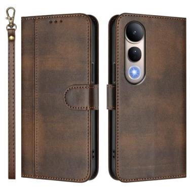 Imagem de Capa carteira flip de couro PU para VIVO V50 Lite 5G, capa de telefone com alça de pulso, 3 compartimentos para cartão + bolso para dinheiro, fecho magnético, suporte antiqueda e compatível com