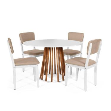 Imagem de Mesa De Jantar Redonda Gabi Nat/bran Com 4 Cadeiras Estofadas Ella Branco/bege