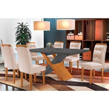 Imagem de Sala De Jantar Completa Imperatriz Tampo Madeirado C- Vidro Reto 180x90 E 6 Cadeiras Imperatriz Imbuia - Veludo Creme - Rufato