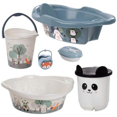 Imagem de Kit banheira de bebê decorada ludica plasutil 6 peças + bacia + lixeir