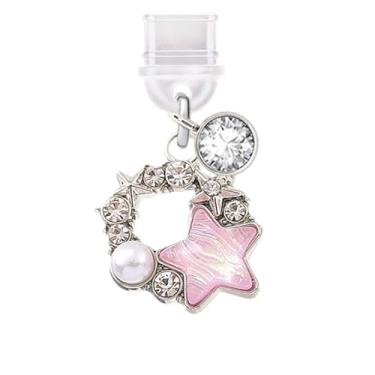 Imagem de ELISE & FONDA Porta de carregamento tipo C TP617, plugue antipoeira, guirlanda de cristal com estrelas, pingente de celular para iPhone 15/16/Samsung/OnePlus/Xiaomi/oppo telefones Android (rosa