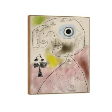Imagem de Joan Miró Famosas Impressões em Tela-Imagem arte parede lona-Moldura Madeira Pintura decoração quarto Sala de estar(estrelas pássaro mulher 2) 60x80cm