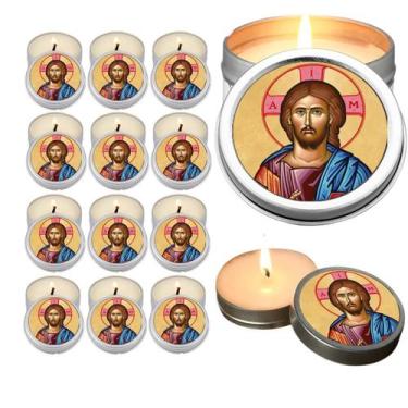 Imagem de 10 Velas Aromaticas Lembrancinhas Jesus Salvador na Latinha Decoração 