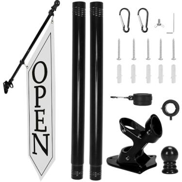 Imagem de Kit de bandeira aberta com mastro - Banner aberto de lona resistente para loja comercial, placa dupla face externa de 106 x 30 cm com suporte - Sinalização publicitária para varejo e lojas (branca)