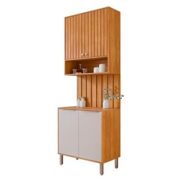 Imagem de Armário Aéreo com Balcão e Painel Ripado Divina 80cm 4 Portas Cinamomo/off White