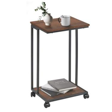 Imagem de fusehome Mesa de canto em forma de C para sofá, mesa de lanche deslizante sob o sofá, bandeja de TV pequena, mesa C com rodas, mesa de laptop para sala de estar, quarto, espaços pequenos, marrom