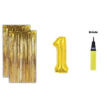 Imagem de Kit 2 Cortinas Metalizadas Balão Número+Bomba de Ar-Dourado - Partiufe