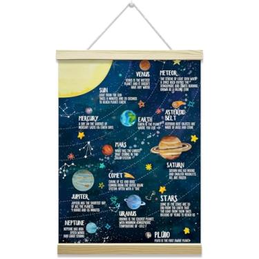 Imagem de oayGnay Gancho de pôster do sistema solar, decoração educacional para pendurar na parede do espaço sideral, pôster de tela com moldura de madeira, decoração de parede de sala de aula pré-escolar, 30 x