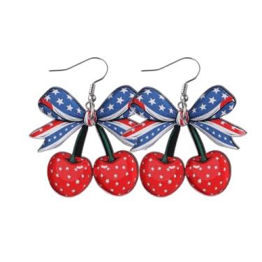 Imagem de Brincos pendentes de cereja patriótica – vermelho branco azul listras estrela laço e design cereja – 4 de julho Memorial Day Jewelry, Acrílico, Sem pedra preciosa