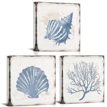 Imagem de xiysien Arte de parede costeira garrafa de concha de gaivota fotos de praia decoração de parede arte de paisagem marítima para quarto banheiro 30,5 x 30,5 cm x 3 peças (branco)