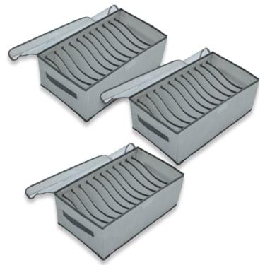 Imagem de Caixa Organizadora de Roupas C/12 Grid, com Alças, Dobrável, Lavável, Ideal para Guarda-Roupas, Closet, Gavetas (Kit 3 Unid)