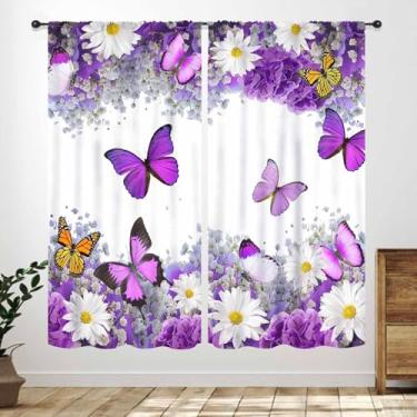 Imagem de Cortinas de borboleta floral, margarida roxa floral primavera botânica, tratamentos de janela, paisagem, paisagem, campo, boho, natureza, quarto, sala de estar, 2 painéis, 106 x 137 cm
