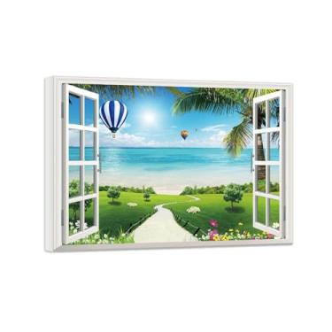 Imagem de Quadro de Parede Janela Falsa-Paisagens Impressões em Tela-Mar Praia Meadow-Natureza Pinturas Decoração 50x70cm-19x27in Tela Embrulhada